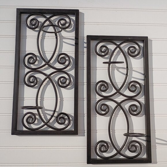 Wrought Iron Wall Sconces Heavy Metal Candle Holders Scroll Design Wall Art Vtg - Picture 10 of 10